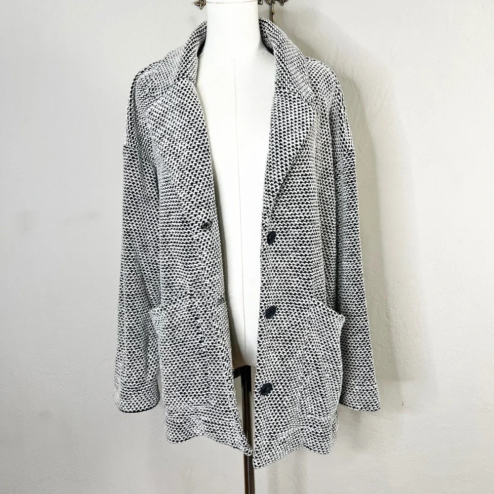 Marine Layer Blazer Jacket Black White Textured Knit Button Front Coatigan Large